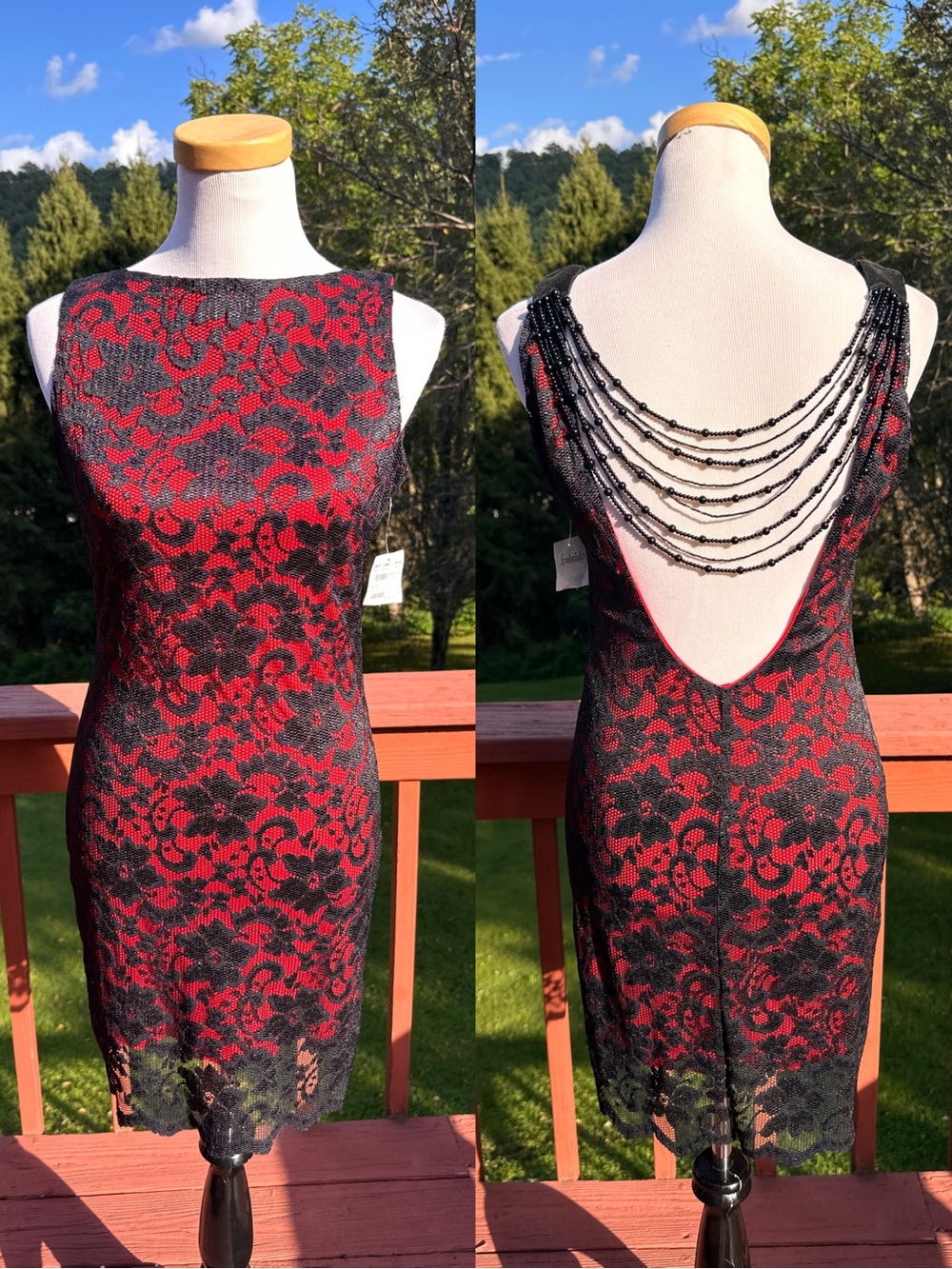 Frederick's of Hollywood Red & Black Lace Backless Beaded-Chain Mini Dress NWT